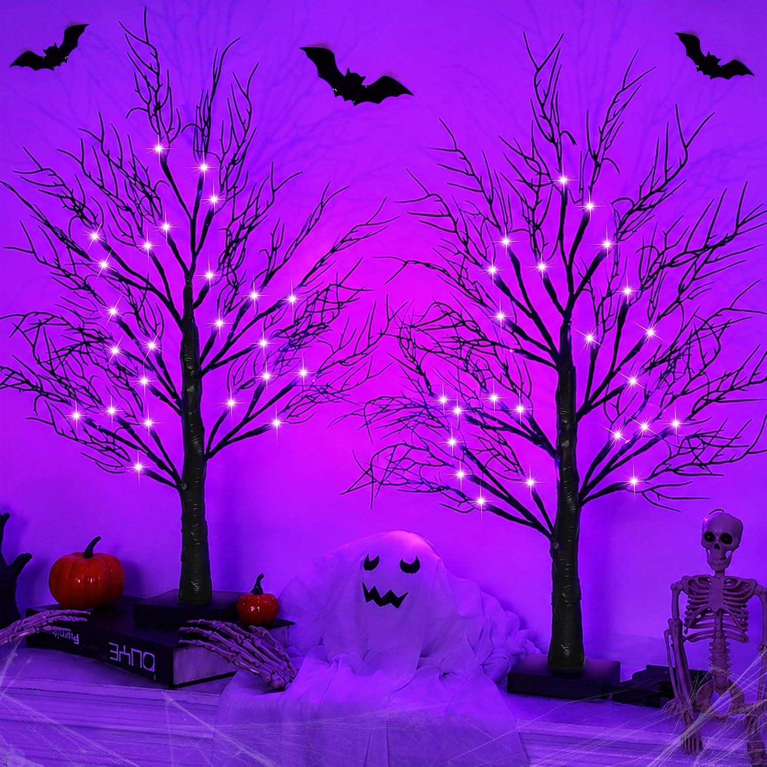 Set of 2 Lighted Halloween Tabletop Trees – 24" Black with Orange & Purple LEDs
