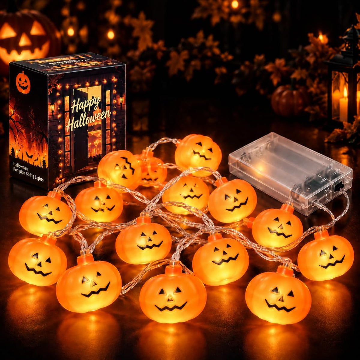 Halloween pumpkin string lights, 20 LED, battery operated