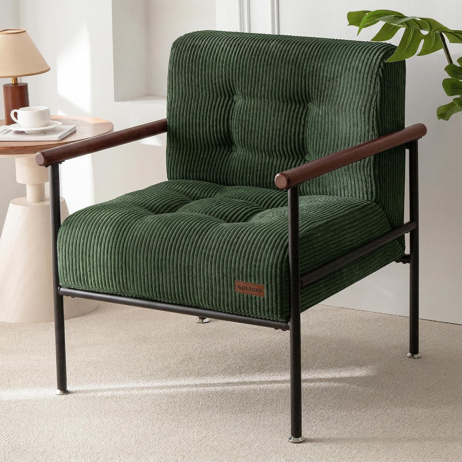 	Tufted accent chair with wooden armrests