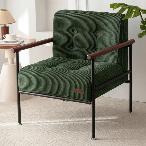 Tufted accent chair with wooden armrests