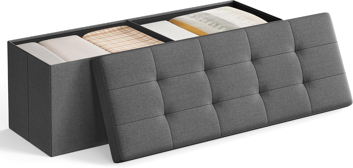 Foldable tufted storage ottoman bench 43 inch with 35 gallon storage capacity