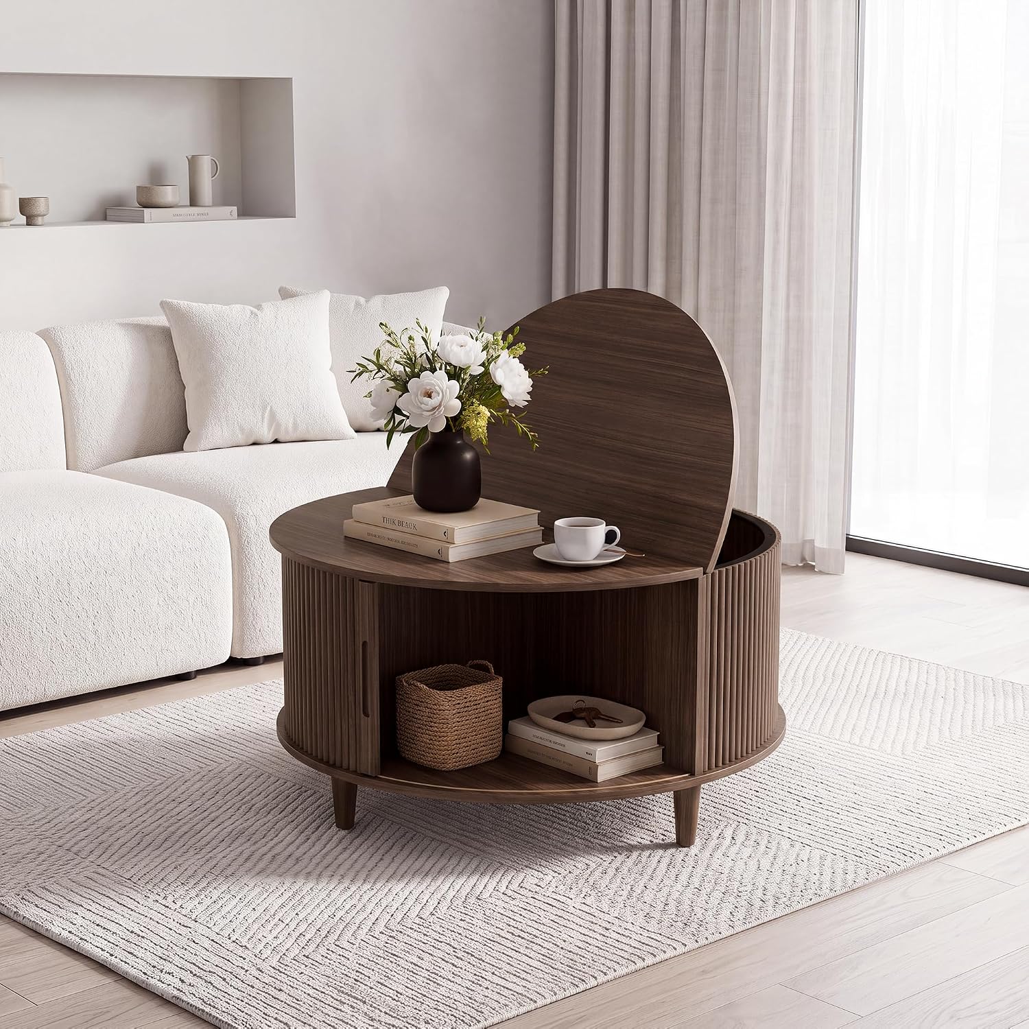 31.5 inch round fluted walnut coffee table with sliding cabinet door storage for living room