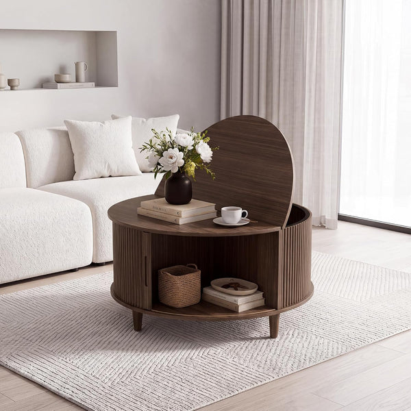 31.5 inch round fluted walnut coffee table with sliding cabinet door storage for living room