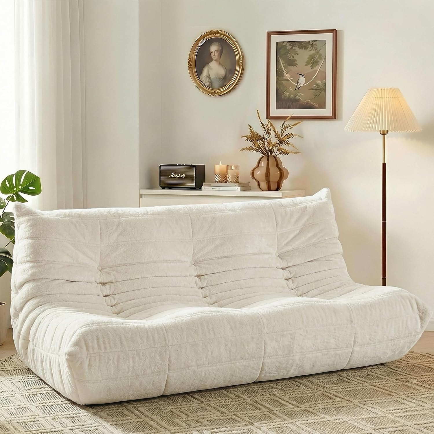 3 seater bean bag chair in golden diamond velvet with L-shaped curve
