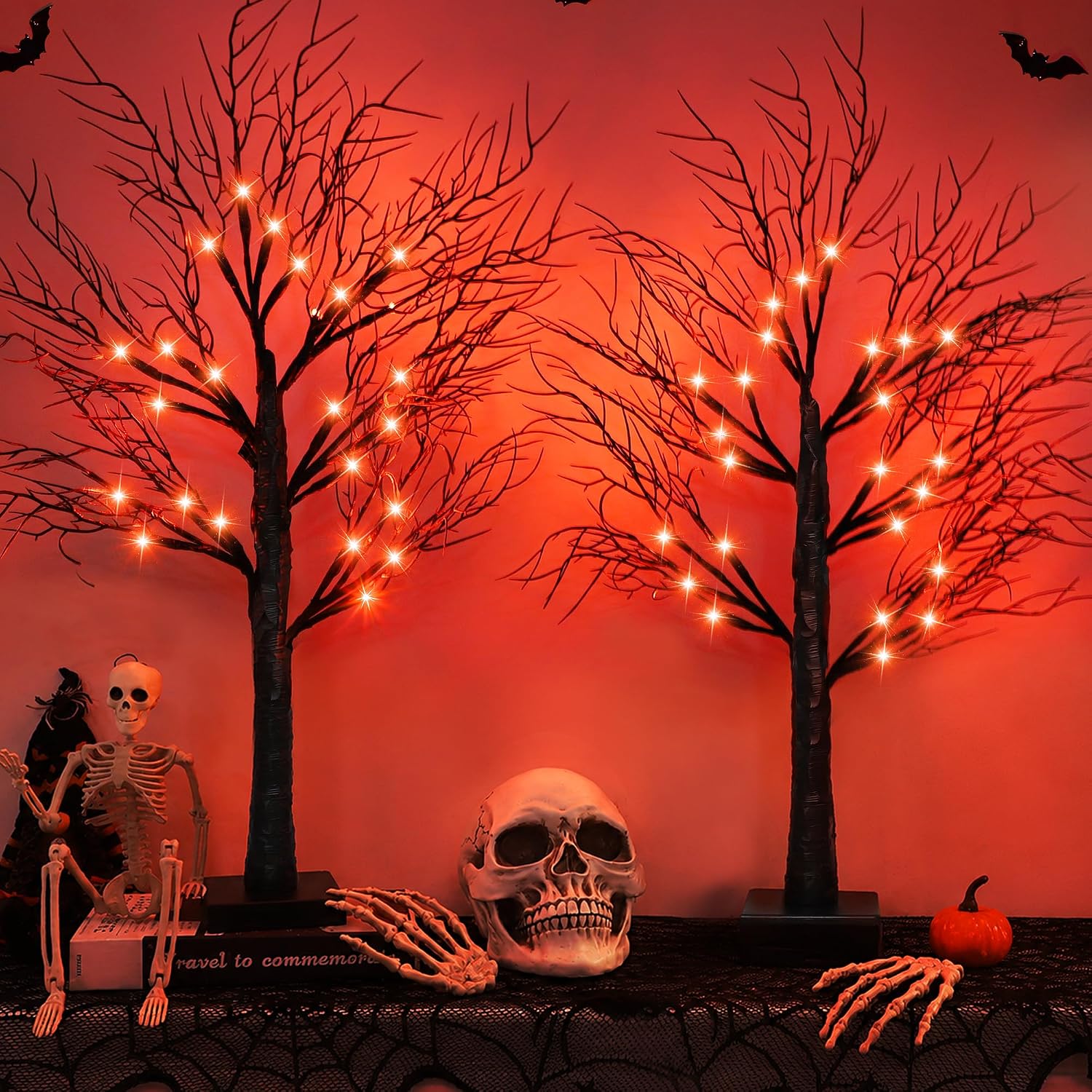 Set of 2 Lighted Halloween Tabletop Trees – 24" Black with Orange & Purple LEDs