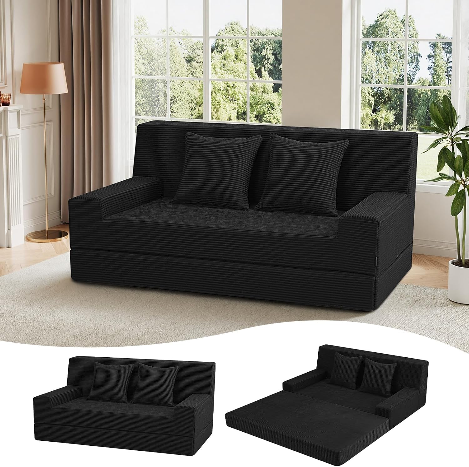 59 inch convertible loveseat sofa bed in striped corduroy, couch mode