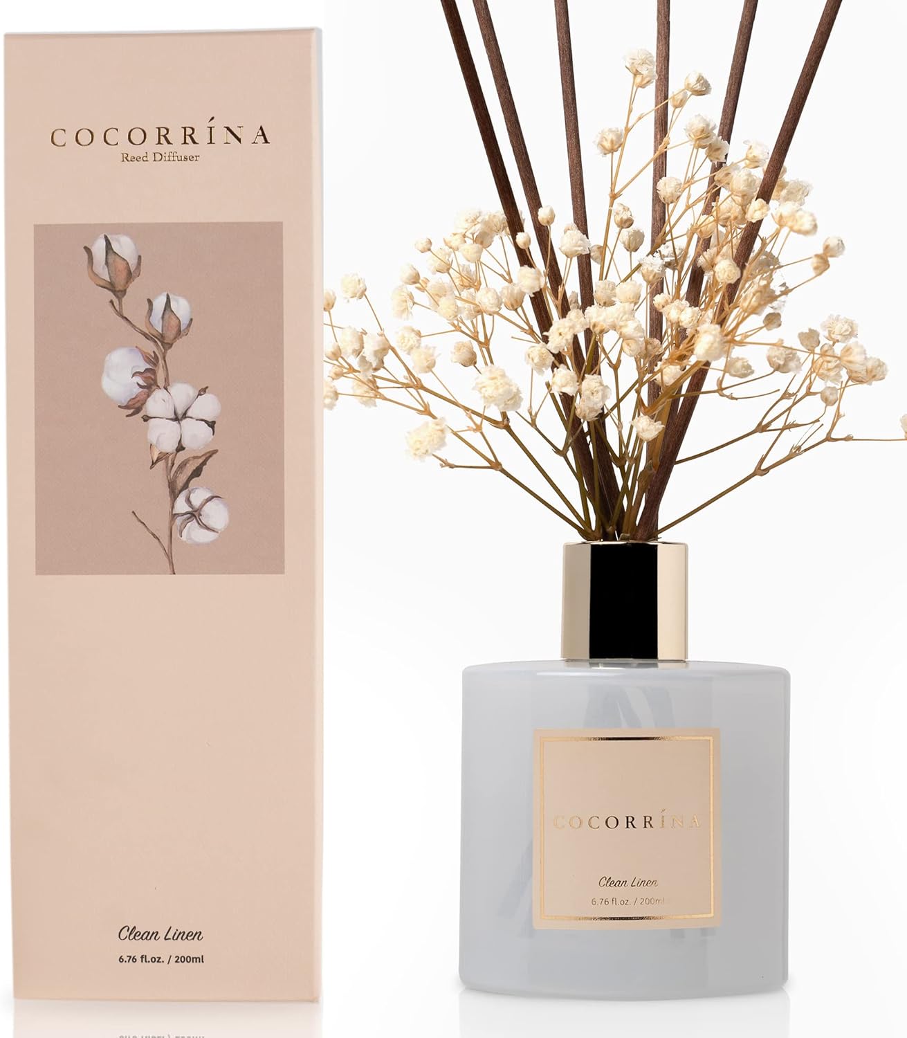 Clean Linen reed diffuser glass bottle with preserved baby's breath flowers and cotton reed sticks