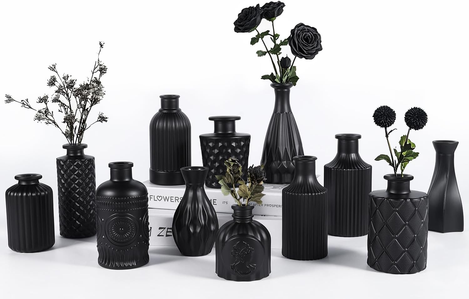 Black Glass Bud Vases Set of 12 – Vintage Etched Mini Vases for Decor & Weddings