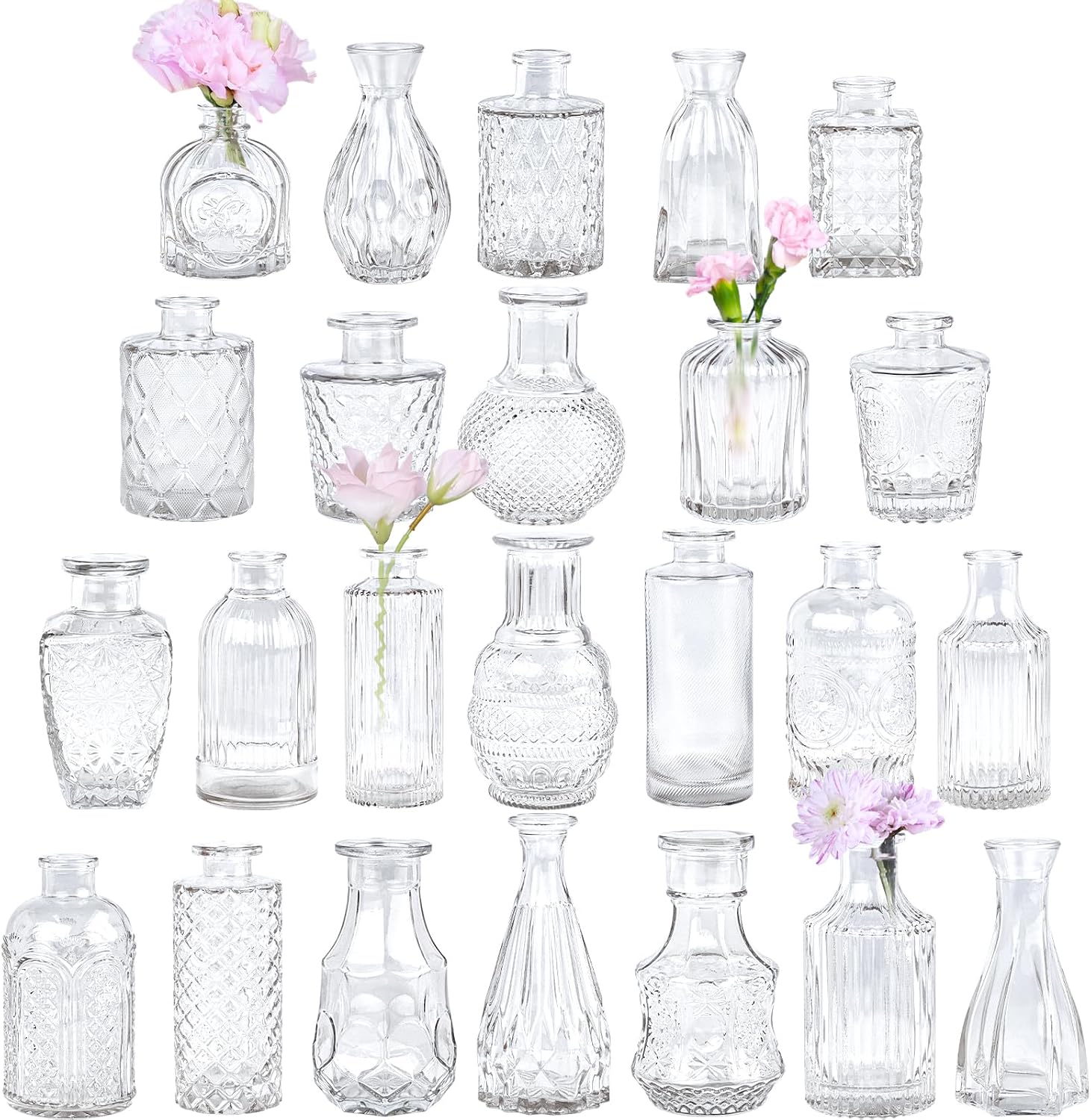 Clear Glass Bud Vases Set of 12 – Vintage Etched Mini Vases for Decor & Weddings