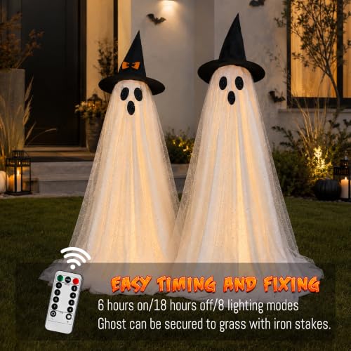 59 Inch Outdoor Halloween Ghost Decorations, Set of 2 with String Lights