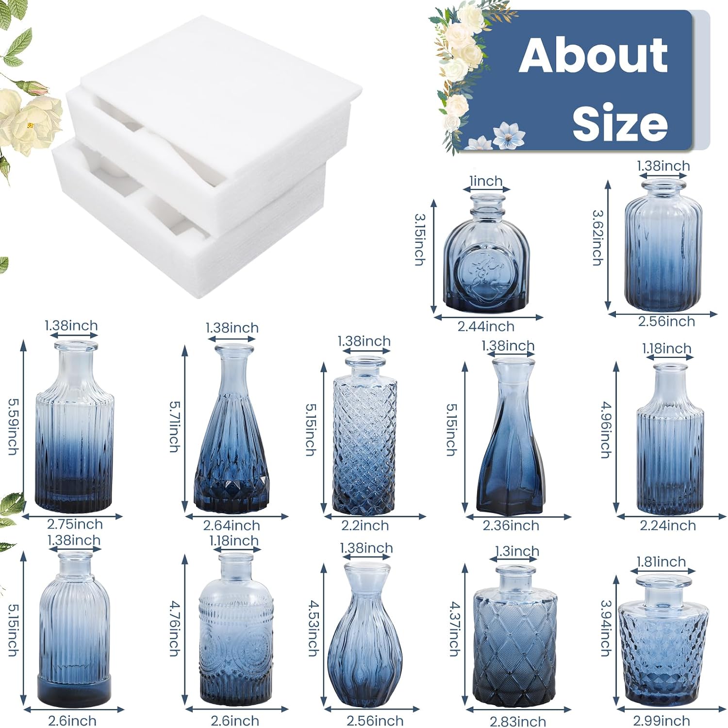 Blue Glass Bud Vases Set of 12 – Vintage Etched Mini Vases for Decor & Weddings