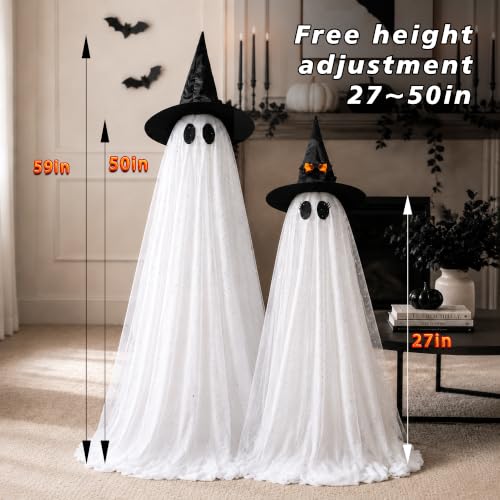 59 Inch Outdoor Halloween Ghost Decorations, Set of 2 with String Lights