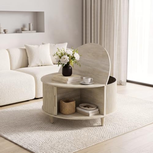 31.5 inch round fluted light oak coffee table with sliding cabinet door storage for living room