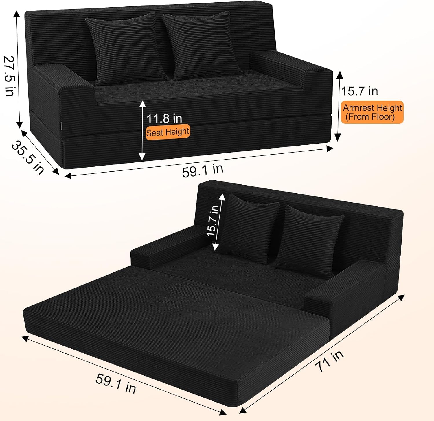 59" Convertible Corduroy Loveseat Sofa Bed – Folds Flat, No Assembly