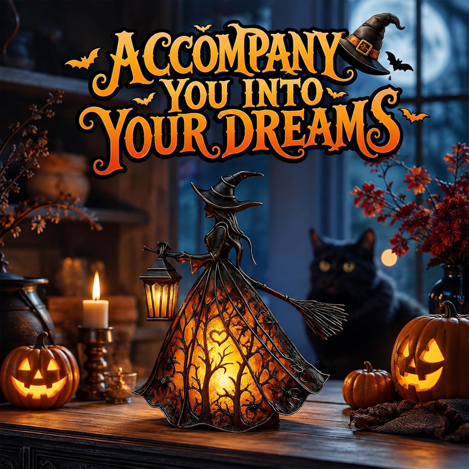 Witch Hat Halloween Table Lamp – Gothic Resin Accent Light