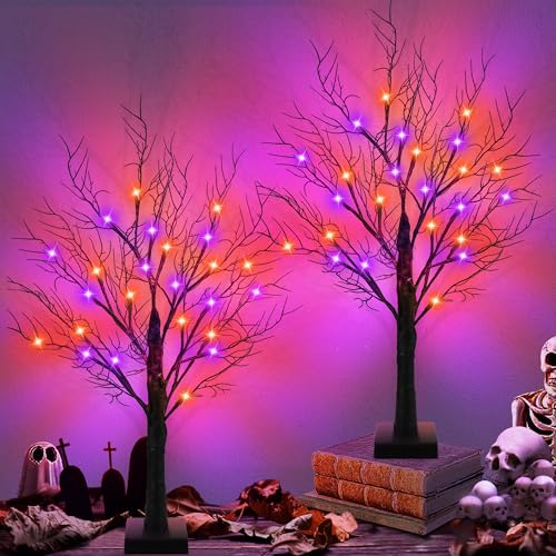 Set of 2 Lighted Halloween Tabletop Trees – 24" Black with Orange & Purple LEDs
