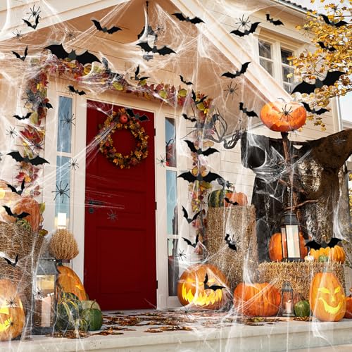 Halloween Spider Web Decoration Set with Fake Bats & Spiders – 1600 sqft