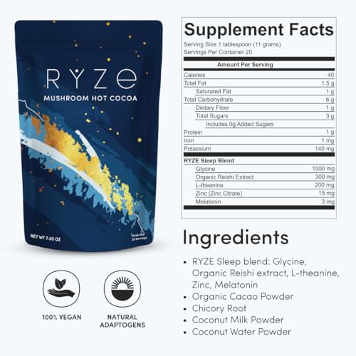 Mushroom Hot Cocoa with Melatonin, Reishi & L-Theanine – Nighttime Cacao Drink Mix (20 Servings)
