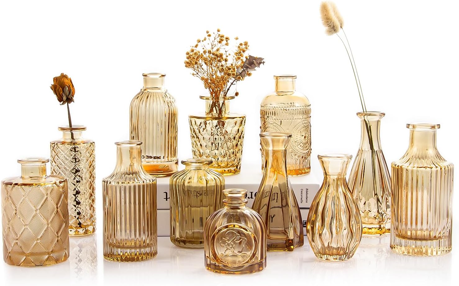 Amber Glass Bud Vases Set of 12 – Vintage Etched Mini Vases for Decor & Weddings