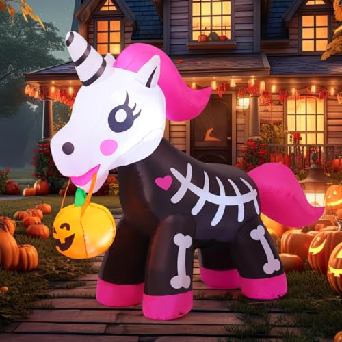 5ft pink Halloween inflatable skeleton unicorn with pumpkin