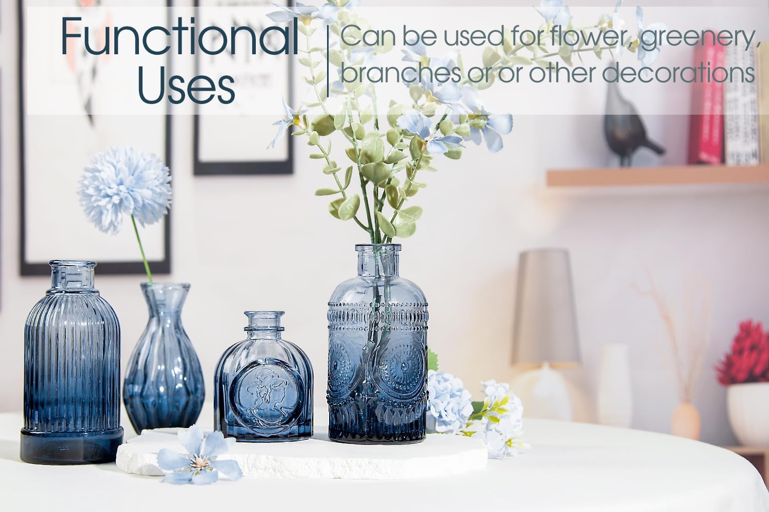 Blue Glass Bud Vases Set of 12 – Vintage Etched Mini Vases for Decor & Weddings