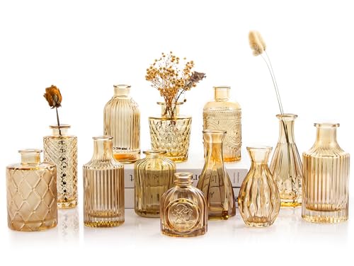 Set of 12 vintage etched amber glass bud vases arranged as decorative centerpieces