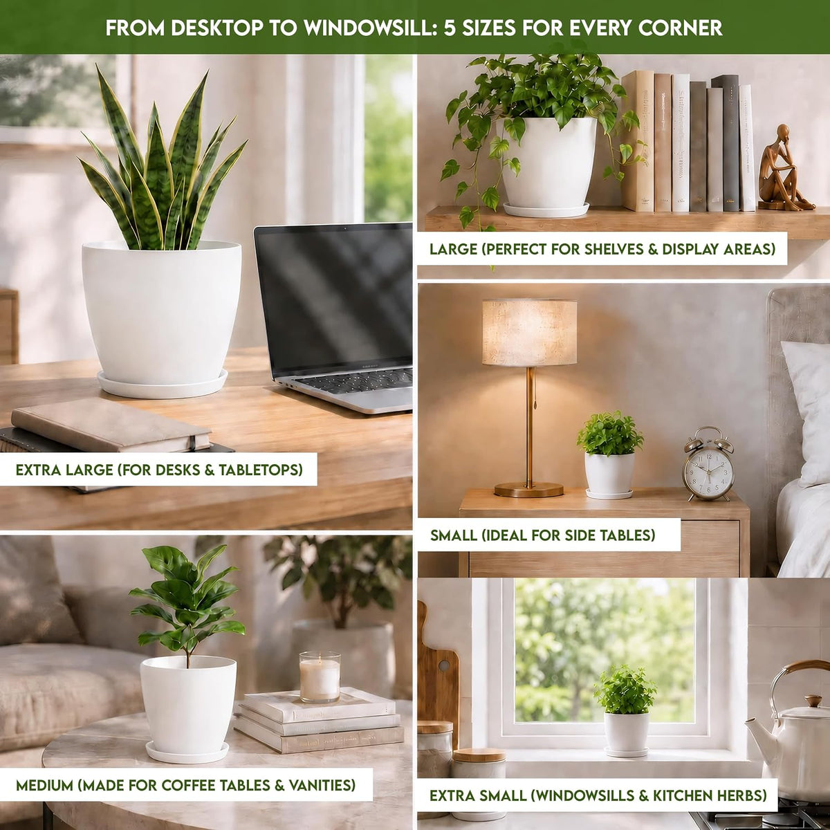 Set of 5 Indoor Plant Pots with Drainage & Saucers – 4.8" to 7"