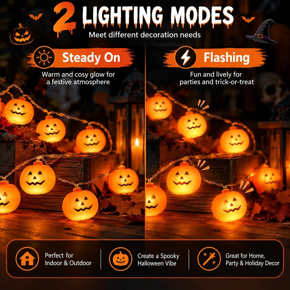 Halloween Pumpkin String Lights – 20 LED, 10FT, Battery Operated