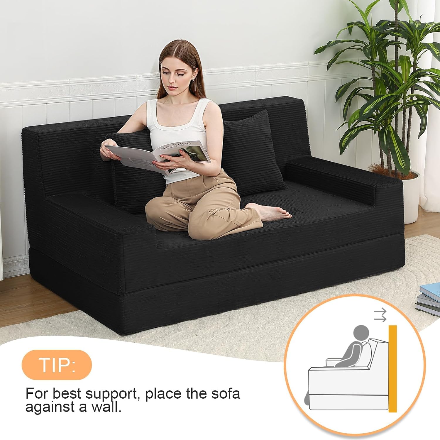 59" Convertible Corduroy Loveseat Sofa Bed – Folds Flat, No Assembly