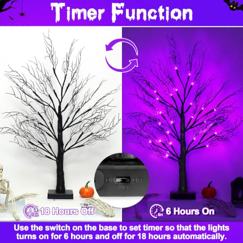 Set of 2 Lighted Halloween Tabletop Trees – 24" Black with Orange & Purple LEDs
