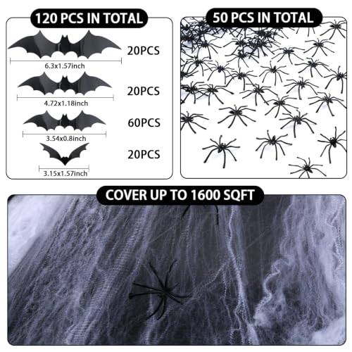 Halloween Spider Web Decoration Set with Fake Bats & Spiders – 1600 sqft