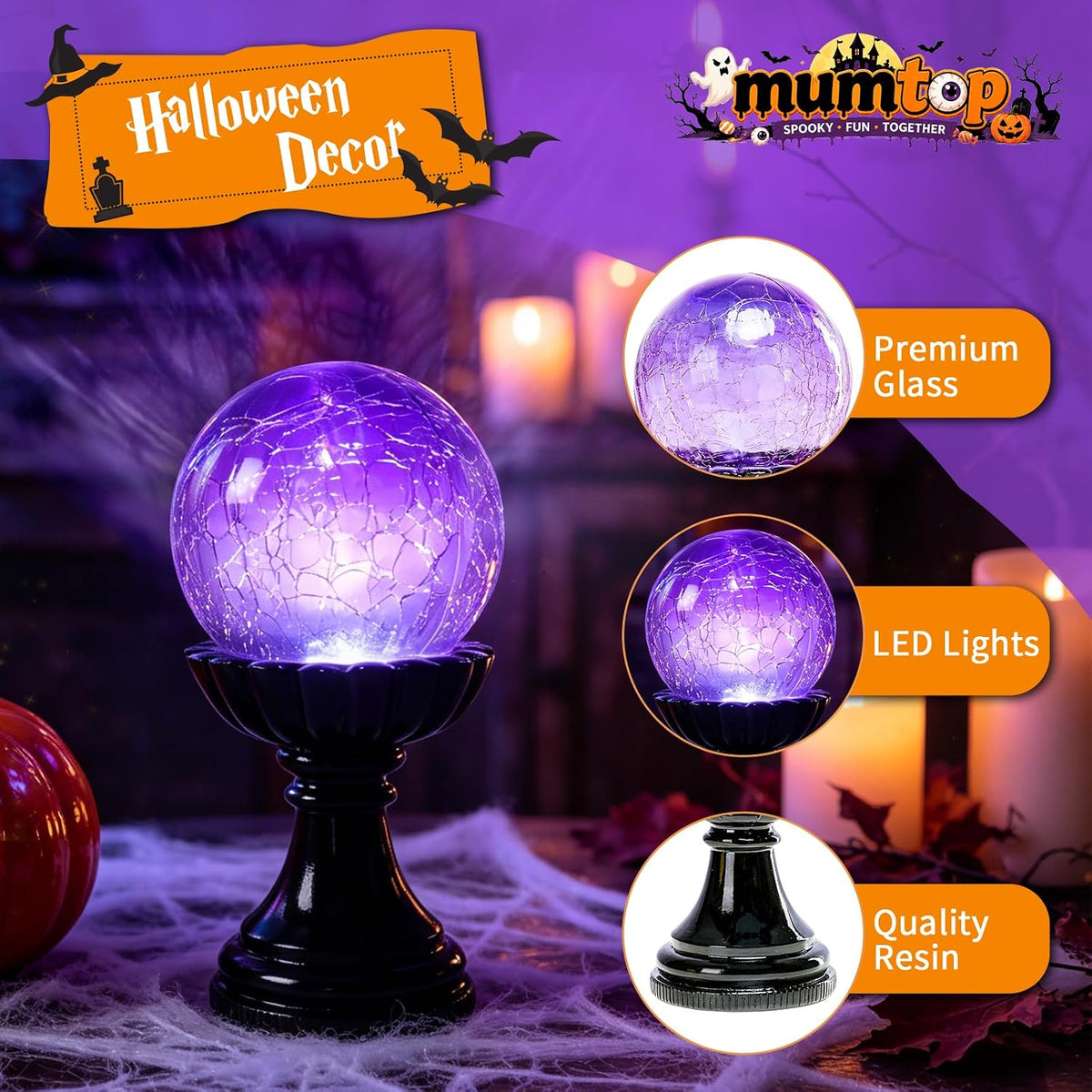 Halloween Crystal Ball Light | Purple LED Witch Decor Lamp for Indoor Decorations
