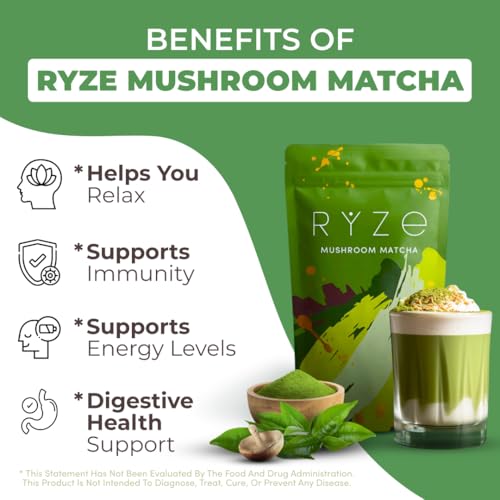 RYZE Mushroom Matcha | 30 Servings, 6 Adaptogenic Mushrooms with L-Theanine
