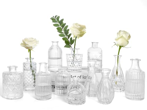 Clear Glass Bud Vases Set of 12 – Vintage Etched Mini Vases for Decor & Weddings