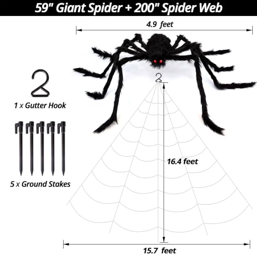 Giant Halloween Spider Web 200" with 59" Spider | Outdoor Yard Decoration Kit