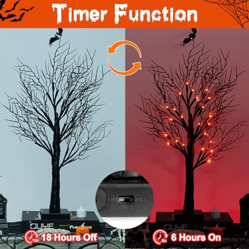 Set of 2 Lighted Halloween Tabletop Trees – 24" Black with Orange & Purple LEDs