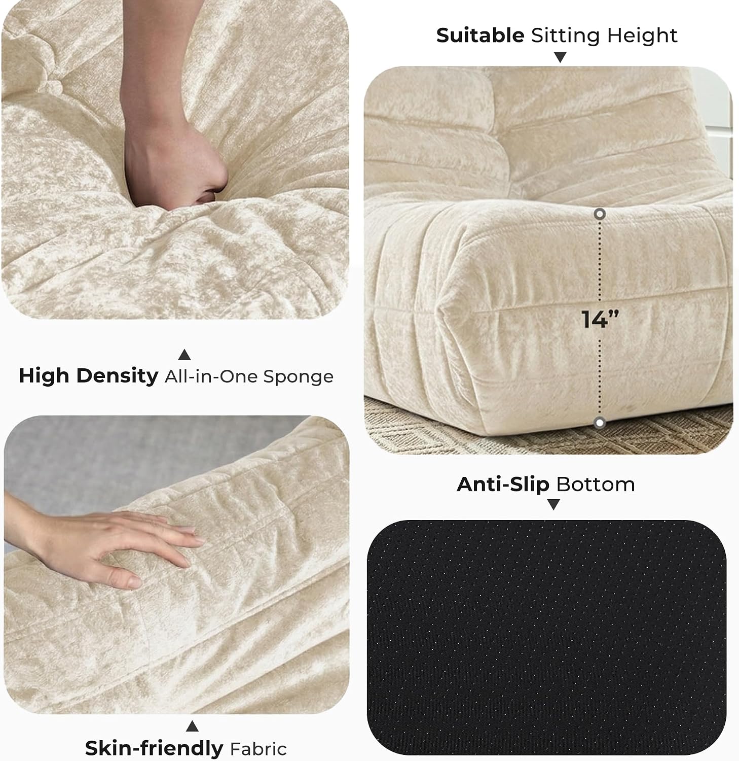 3 Seater Foam Bean Bag Sofa – Velvet Lazy Chair, No Assembly