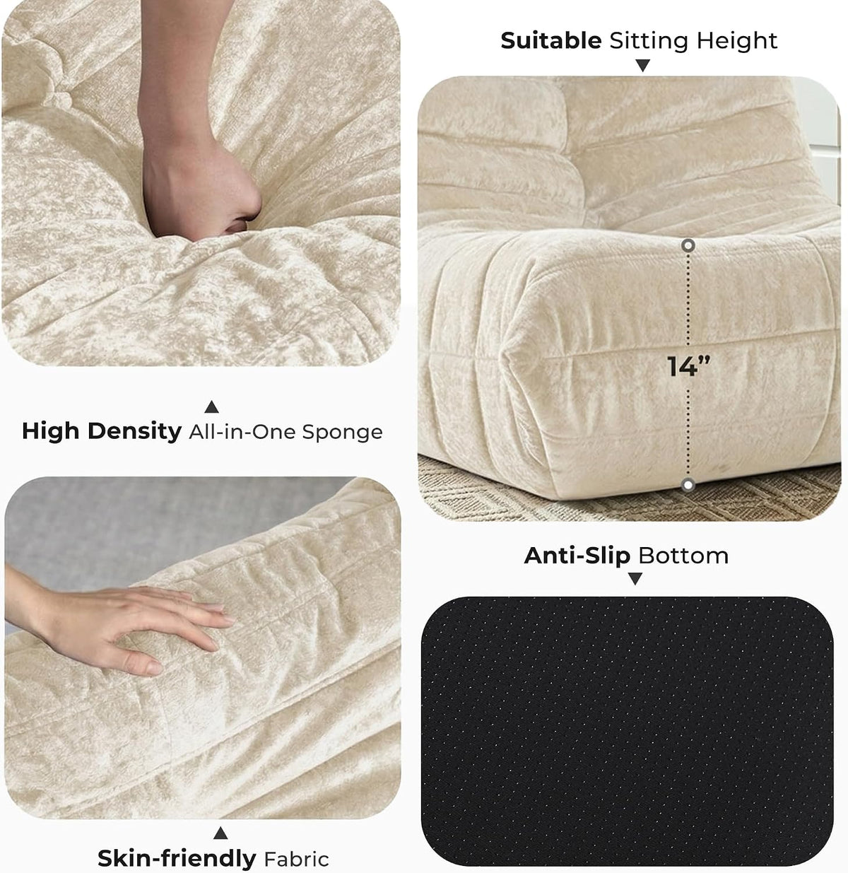 3 Seater Foam Bean Bag Sofa – Velvet Lazy Chair, No Assembly
