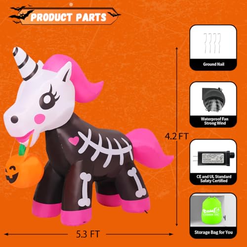 Halloween Inflatable Skeleton Unicorn 5FT | Pink Outdoor Yard Decoration with LED Lights