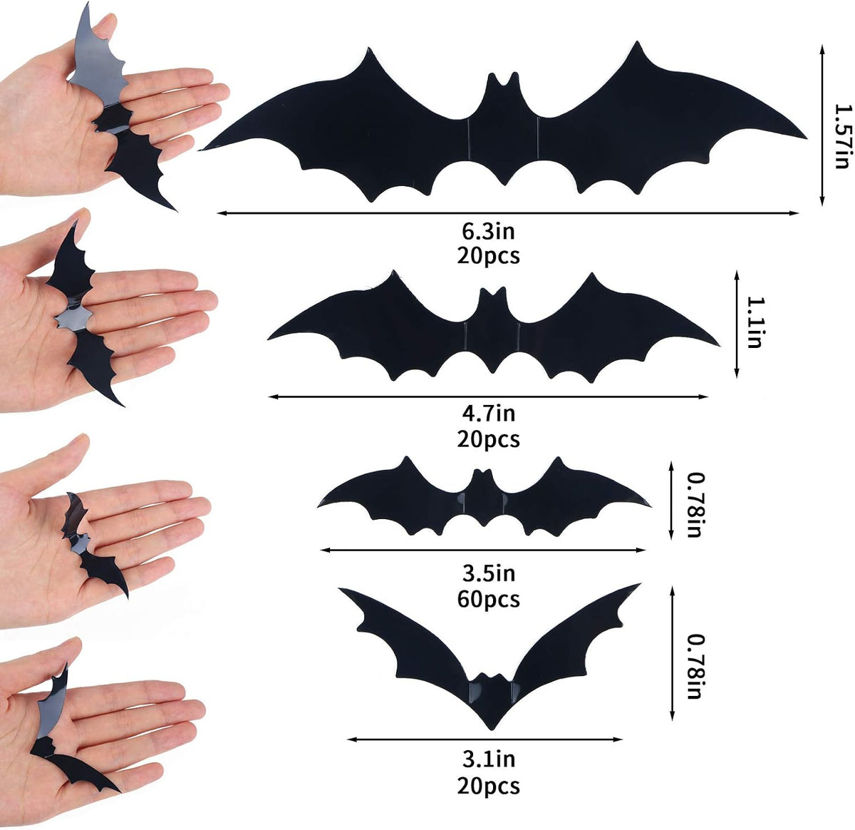 3D Bat Wall Decals 120 Pack | Halloween Bat Stickers in 4 Sizes, Waterproof