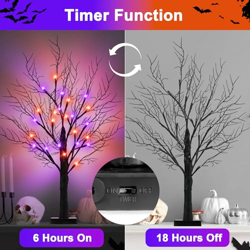 Set of 2 Lighted Halloween Tabletop Trees – 24" Black with Orange & Purple LEDs