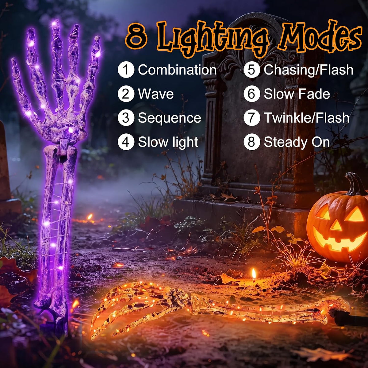 Light-Up Skeleton Yard Stakes – 5pc Set with Skull & Hands, 8 Lighting Modes