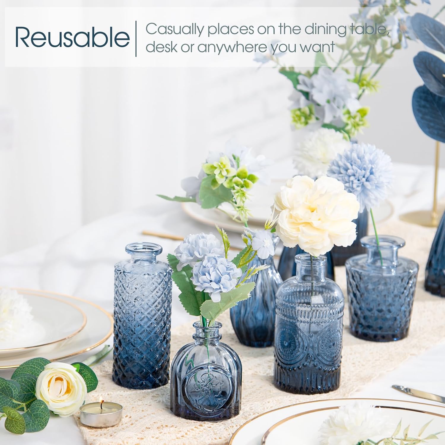 Blue Glass Bud Vases Set of 12 – Vintage Etched Mini Vases for Decor & Weddings