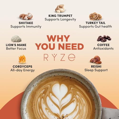 RYZE Mushroom Coffee Medium Roast | 30 Servings, 6 Adaptogenic Mushrooms, 48mg Caffeine