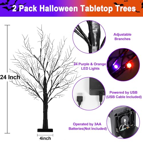 Set of 2 Lighted Halloween Tabletop Trees – 24" Black with Orange & Purple LEDs