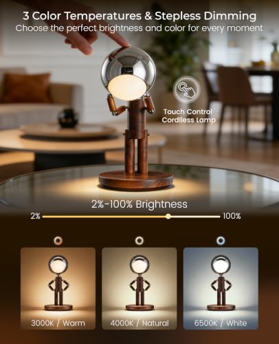 Cordless Moon Table Lamp | Rechargeable Wooden Desk Lamp, Dimmable 3 Color Temps