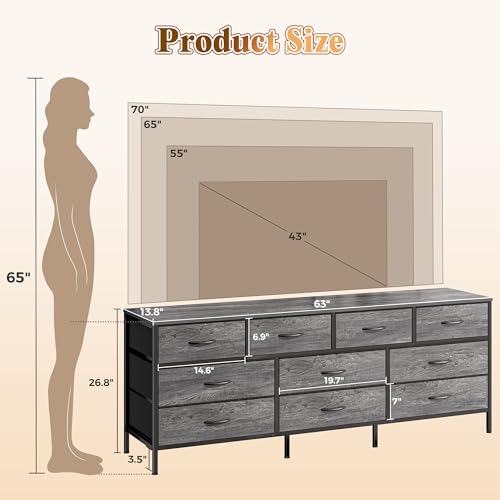 10 Drawer Fabric Dresser with Wood Top – Doubles as a 63" TV Stand