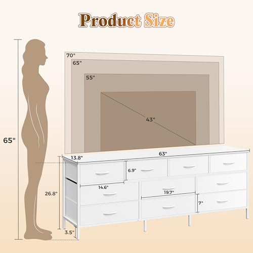 10 Drawer Fabric Dresser with Wood Top – Doubles as a 63" TV Stand