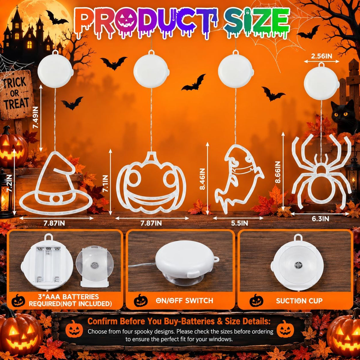 Halloween Window Lights 4 Pack | Pumpkin Ghost Spider Witch Hat with Timer