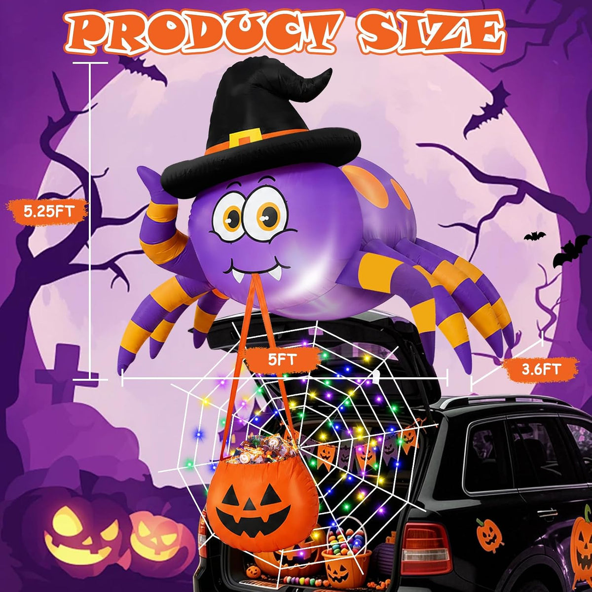 Halloween Inflatable Spider 5FT | Trunk or Treat Car Decoration with LED Lights